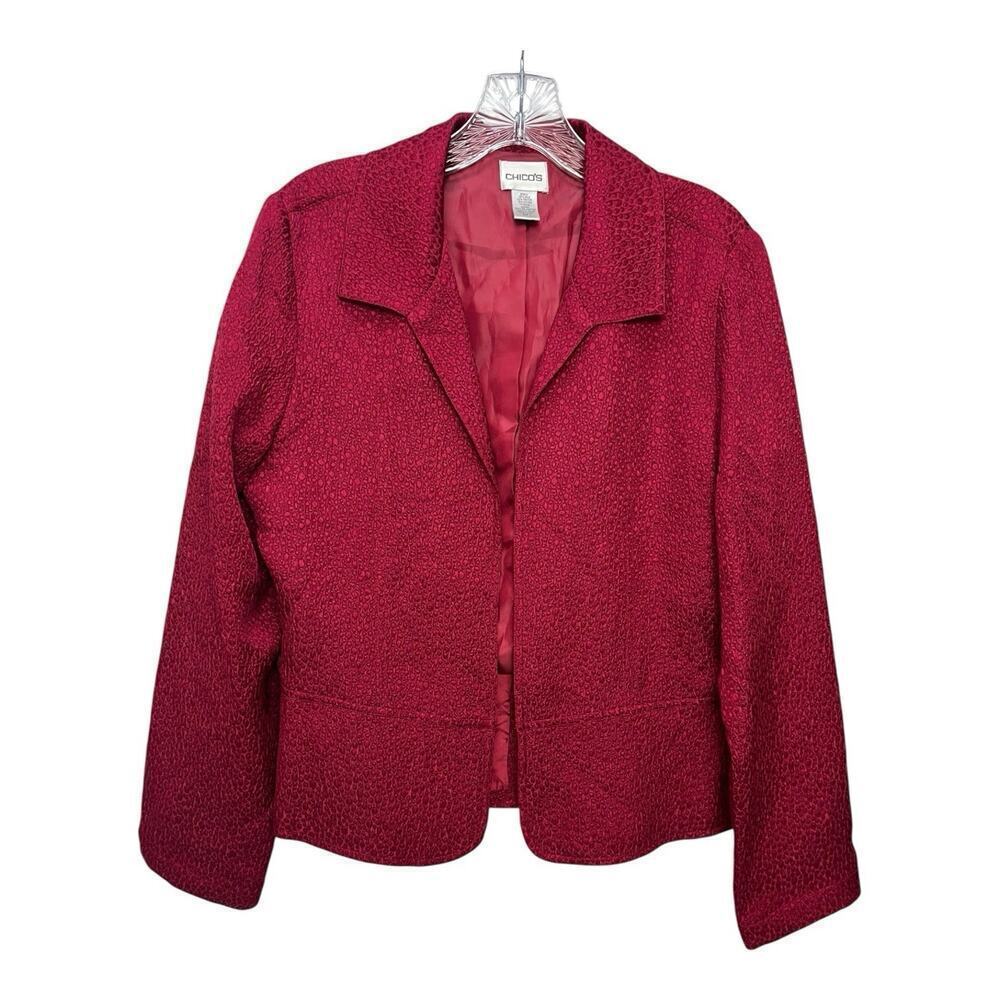 Chico's Gorgeous Berry red silk blend open front peplum Blazer size 1 Womens